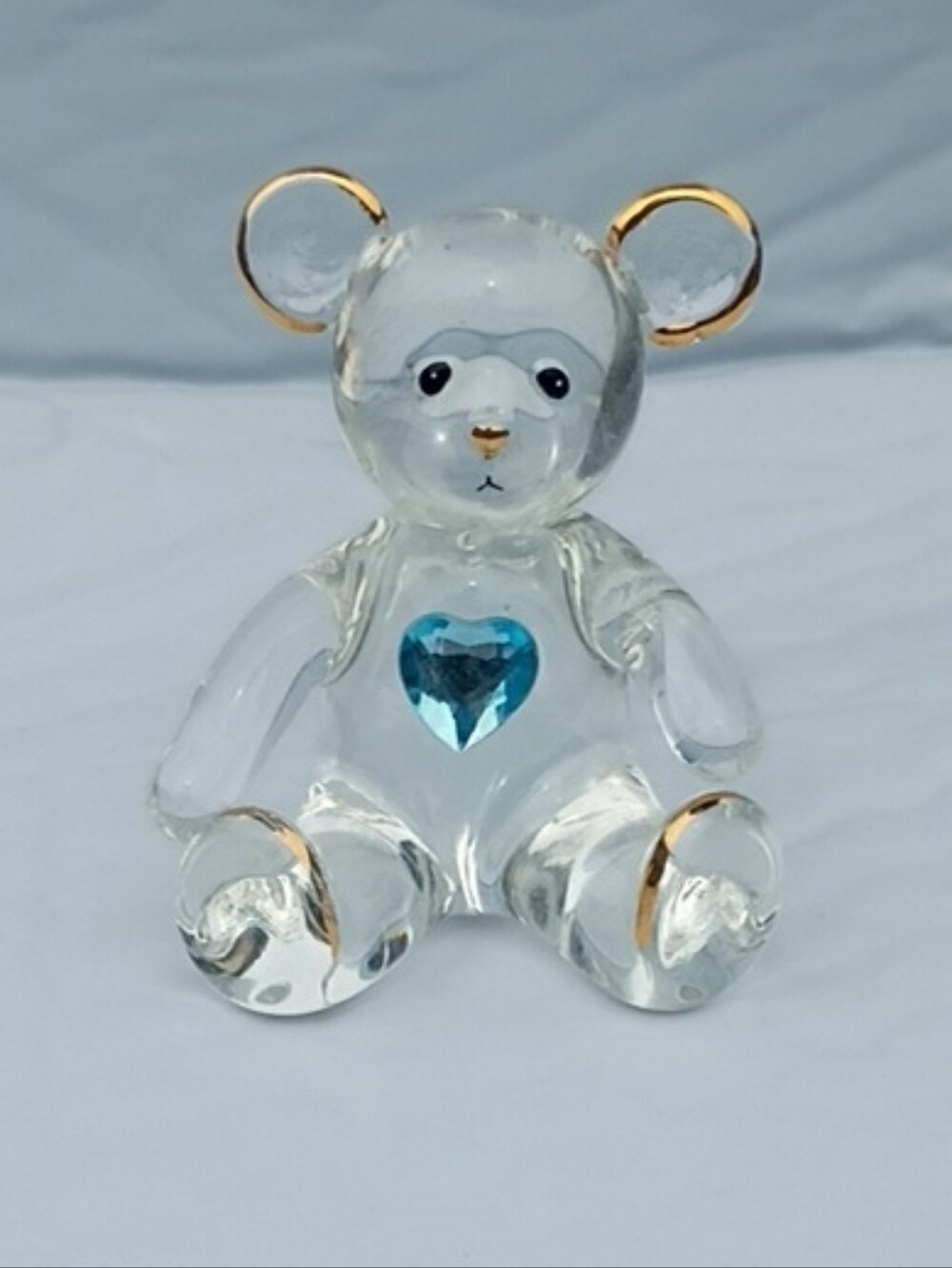 Baron Glass Teddy Bear Figurine with Blue Heart Swaroski Crystal Gold Accent